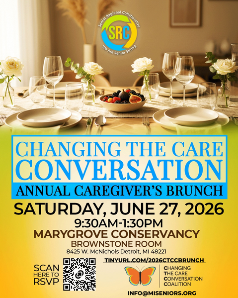 invitation for the changing the caregiver conversation annual caregivers brunch. With a picture of a set table.